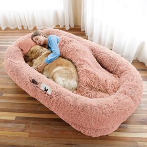Human Dog Bed, 71''x45''x12'' Size Fits You and Pets, Washable Faux Fur Pet Bed for People Doze Off, Napping Orthopedic Dog Bed, Present Plump Pillow, Blanket, Strap, Pink