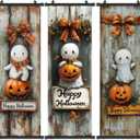 Pennimor 3Pcs Vintage Halloween Wall Art, Haunted Mansion Decor 15.8x47.2in Cute Ghost Pumpkin Wooden Horror Poster Porch Door Sign Welcome Banner Indoor Outdoor Wall Home Party Supplies