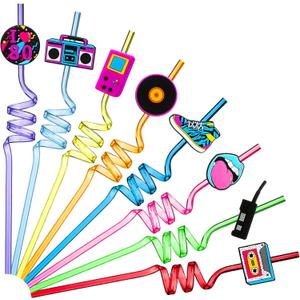 Vesici 80s Party Decor Retro Straw Hip Hop Theme 80s Party Silly Drinking Straws I Love Radio Boombox Mobile Phone Decorations for Adults, 8 Colors and Styles(24 Pcs)