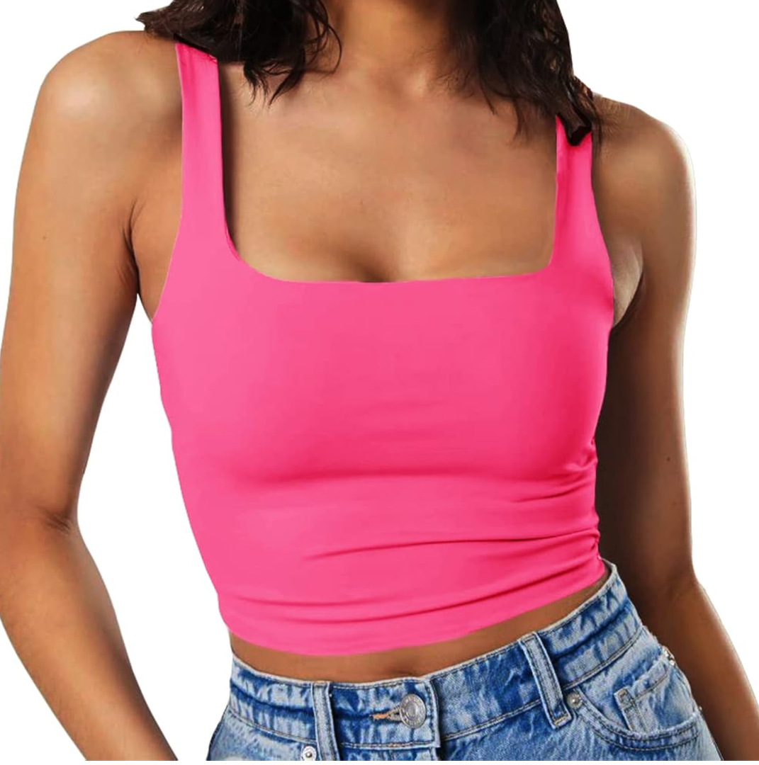 Artfish Women's Sleeveless Strappy Tank Square Neck Double Layer Workout Fitness Casual Basic Crop Tops M