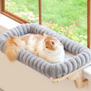 Zakkart SnugCloud Cat Window Perch with 4Sided Bolster  Orthopedic Cat Hammock for Window Sill  Solid Hardwood & Metal Frame  Window Seat for Pets (Natural Color Wood w/Brown Bed, Medium)