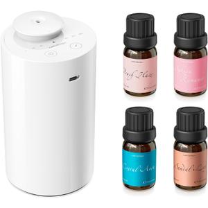 Airversa Waterless Essential Oil Diffuser Starter Kit with 4 x 10mL Fragrance Scent Oil, Battery Operated Mini Scent Air Machine Portable Diffuser for Home Car Office, AN6 White Kit01