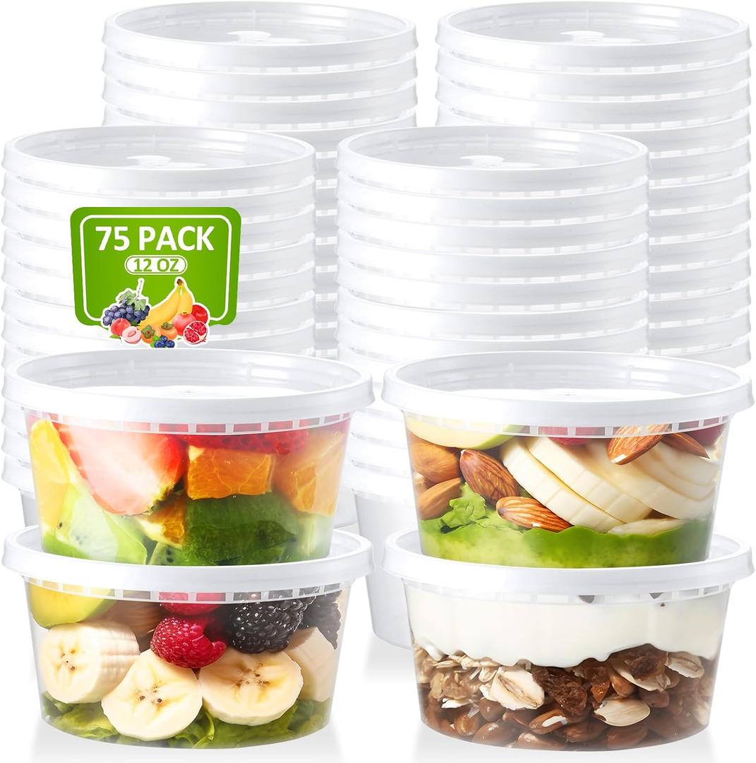 75 Sets 12oz Deli-Containers-with-Lids-Airtight-Plastic-Food-Storage-Containers-with-Lids-Soup-Slime-Overnight-Oat-To-Go-Containers (12 oz (75 Sets))