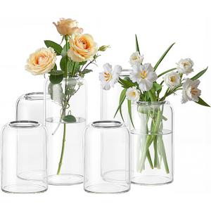 24 Clear Glass Vases | 3 Heights (6.5 H+5 H+3.9 H), Curved-Rim Cylinder Vases for Rustic Farmhouse Centerpieces, Wedding Table Decor Bud Vases in Bulk