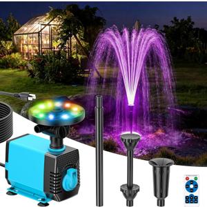 POPOSOAP Pond Fountain Pump Kit with RGB Lights & Remote Control, 660GPH Quiet Submersible Water Pump, Pond Pump with 3 Nozzles for Garden Koi Ponds, Fish Tank,Backyard Water Features Decor-P1104D