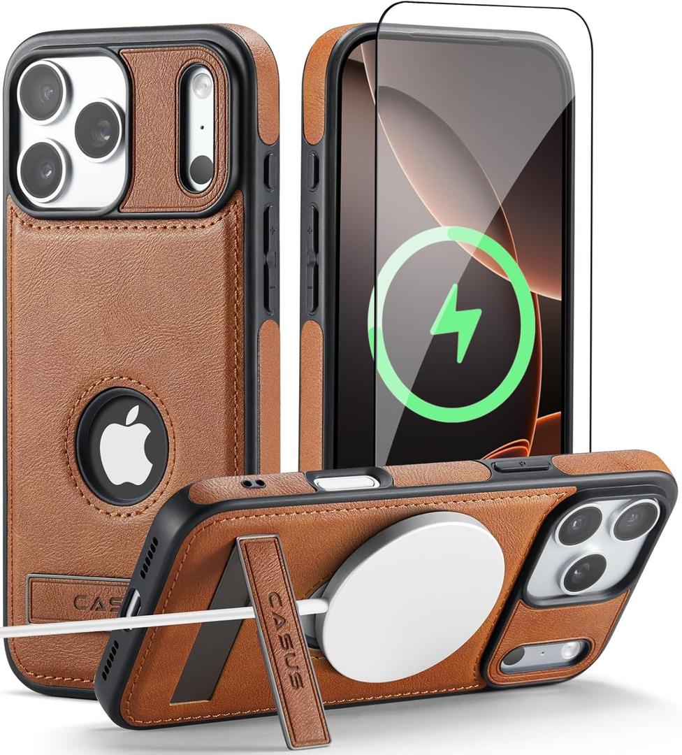 Casus Designed for iPhone 17 Pro Case Compatible with MagSafe Kickstand Vegan Leather Slim Classic Luxury Elegant Protective Cover with Tempered Glass Screen (2025) 6.3" - Brown