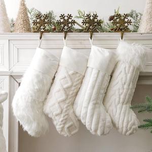 Rustic Personalized Christmas Stockings, 4 Pcs 18 Inch Luxury Snow White Ivory White Thick Plush Faux Fur Stocking with 4 Styles Textured Patterns, Christmas Home Decor Farmhouse Xmas Decorations