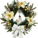 22 Inch Pre-Lit Artificial Christmas Wreath with White Artificial Poinsettia Flowers Jesus Figurine Nativity Scene Glitter Ball Ornaments PineCones Berries for Christmas Decor Front Door