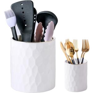 Kitchen Utensil Holder, 7.2"+4" Ceramic Cooking Utensil Holder for Countertop, Large Utensil Crocks for Kitchen Counter, Morden Utensil Organizer for Spatula,Sliverware, Set of 2 (White)