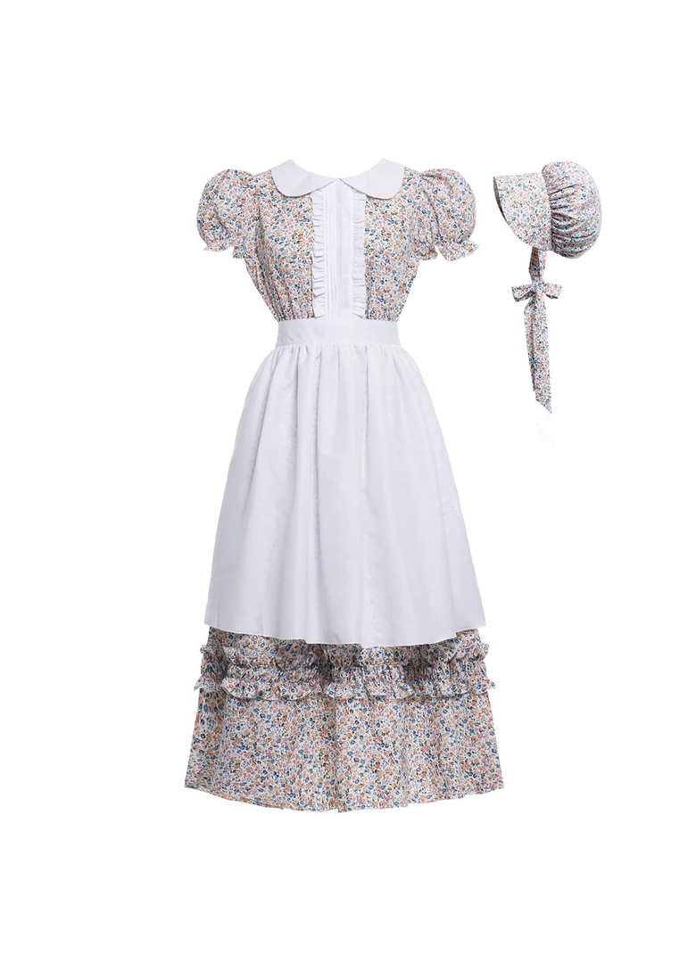 Women Pioneer Colonial Dress Floral Prairie Dresses Pilgrim Costume, Small