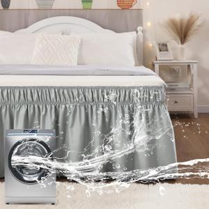 Vocander Wrap Around Grey King Size Bed Skirt 14 Inch Drop, Elastic Dust Ruffle Easy to Put On, Solid Bedskirt Polyester Fabric Machine Washable Dryable and Ironable