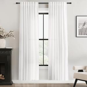 White Linen Curtains 72 inch Long 2 Panel Set for Living Room Back Tab Semi Sheer Light Filtering Bedroom Window Curtain 72 inch Length Cotton Textured Modern Elegant Coastal Drapes 42x72
