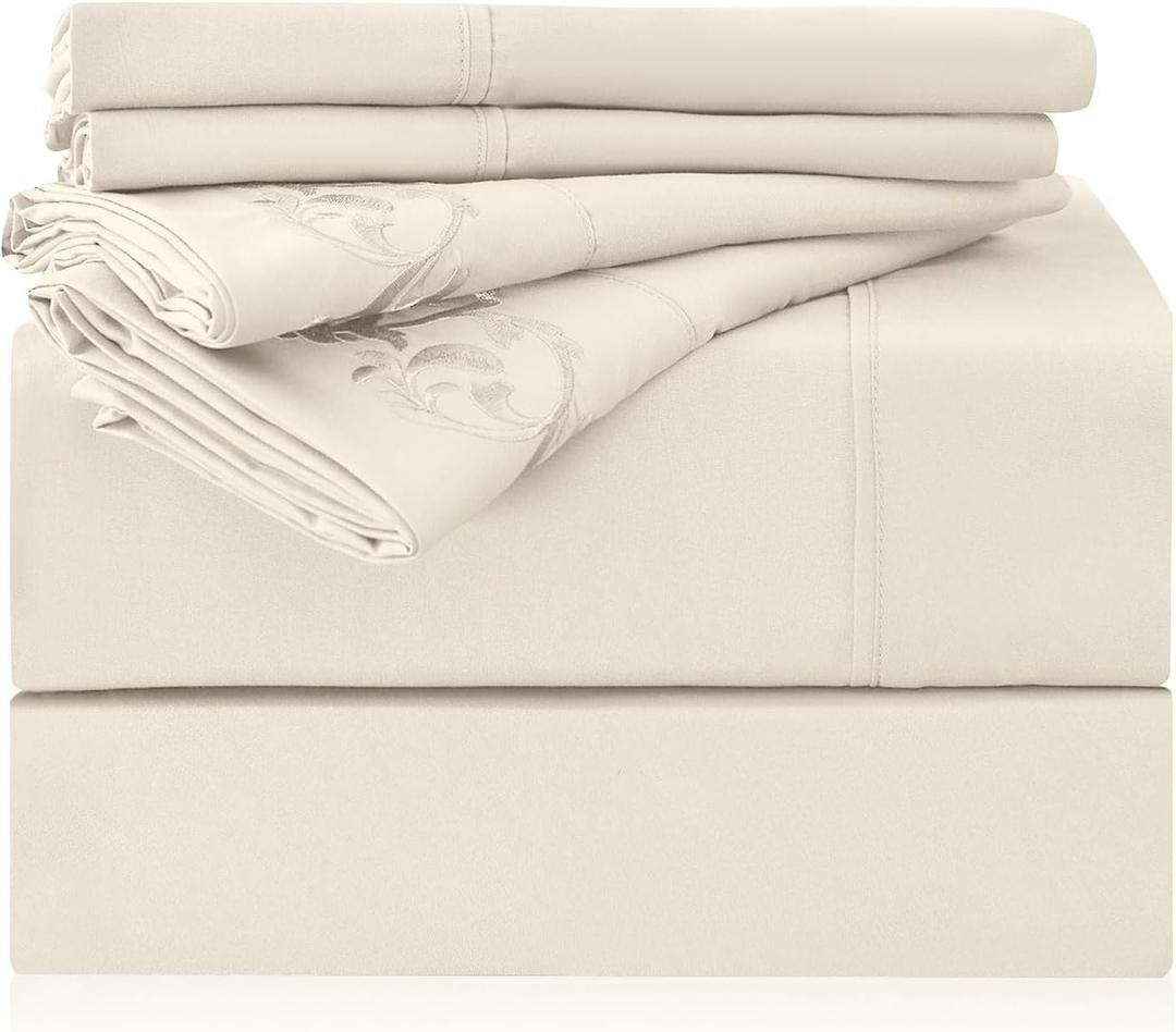 LONAVA California King Size Sheet Set - 6 Piece Hotel Luxury Wrinkle-Free Microfiber Sheet, Oeko-TEX Certified, Breathable & Elastic, 16" Deep Pockets, Cream
