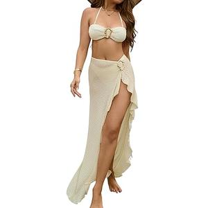 SherryDC Womens Sexy Bandeau 3 Piece Bikini Sets Halter High Cut Swimsuit Bathing Suit with Drawstring Long Skirt (Small, 191-black)