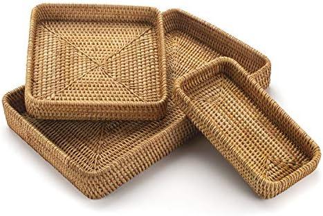 Rattan Serving Tray, Rectangular Woven Tray, Natural Wicker Decorative Serving Baskets for Organizing Tabletop Bathroom Kitchen Counter (Natural)