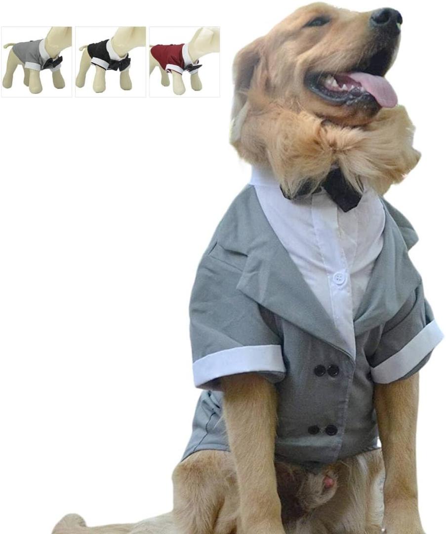 Lovelonglong Pet Costume Dog Suit Formal Tuxedo with Black Bow Tie for Small Dogs Cat Clothes Chihuahua Clothing Gray XS
