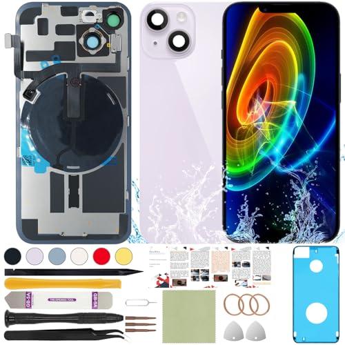 ReuWeu Back Cover Replacement Glass Compatible with iPhone 14 Plus All Carriers 6.7" + Pre-Installed Plate + Wireless Charging Coil Flex Cable + Microphone + Flashlight + Camera Frame (Purple)