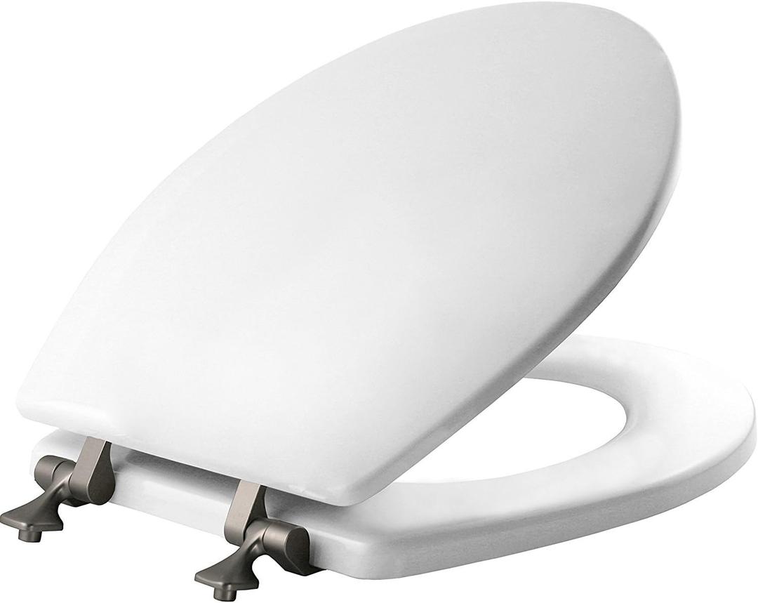 MAYFAIR 844BN 000 Toilet Seat with Brushed Nickel Hinges will Never Come Loose, ROUND , White, 1 Pack - ROUND
