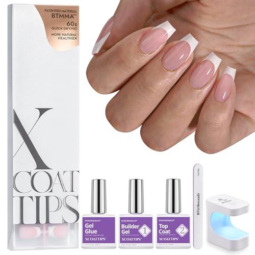 BTArtboxnails XCOATTIPS French Tip Press on Nails - Short Coffin Nail Tips with Nail Gel, Air-Dry Nail Gl ue, French Protecing Duo, Nail Lamp, All in One Soft Gel Fake Nail Gel Extension Kit