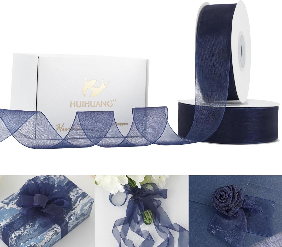 HUIHUANG Organza Ribbon 1 inch Navy Blue Sheer Chiffon Ribbon for Gift Wrapping Cake Decor Wedding Invitations Floral Bouquet Gift Basket Bows DIY Crafts - 2 Rolls x 50 Yds Each Roll, 100 Yds Total