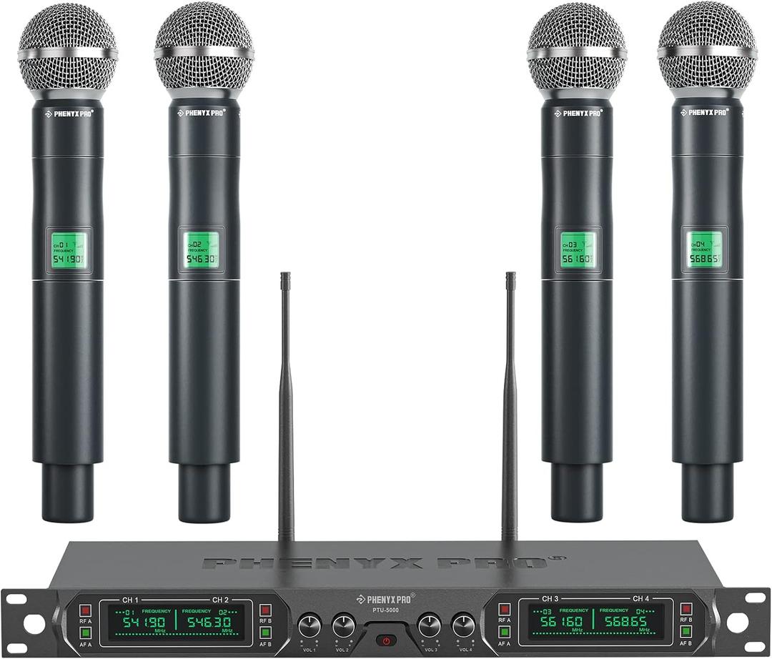 Phenyx Pro Wireless Microphone System, 4-Channel UHF Wireless Mic, Fixed Frequency Metal Cordless Mic with 4 Handheld Dynamic Microphones, 260ft Range, Mics for Singing, Church(PTU-5000-4H)