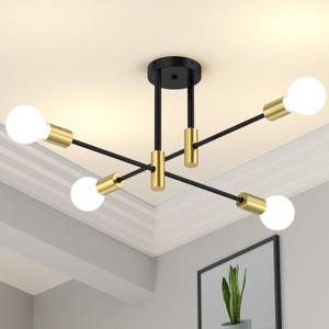 Modern Sputnik Chandelier Ceiling Light Fixtures, 4-Lights Mid Century Industrial Metal Semi Flush Mount for Dining Room, Bedroom, Living Room-Black and Gold