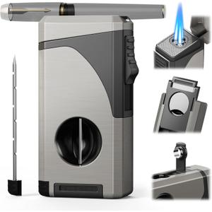 6-in-1 Torch Lighter, with Windproof Triple Jet Flame, V & Straight Cutter, Punch, Holder, Draw Enhancer Tool, Refillable Butane Lighter with Gift Box for Men, Multifunctional Accessories for Travel
