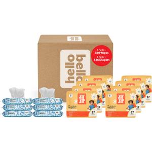 Hello Bello Mega Surprise Pack, Size 6 (35+ lbs), 136ct Hypoallergenic Assorted Diapers with a Soft, Cloth-Like Feel Plus 360 Ultra Gentle Unscented Baby Wipes in 6 Resealable Packs (Mega Pack (Neutral) With Wipes)