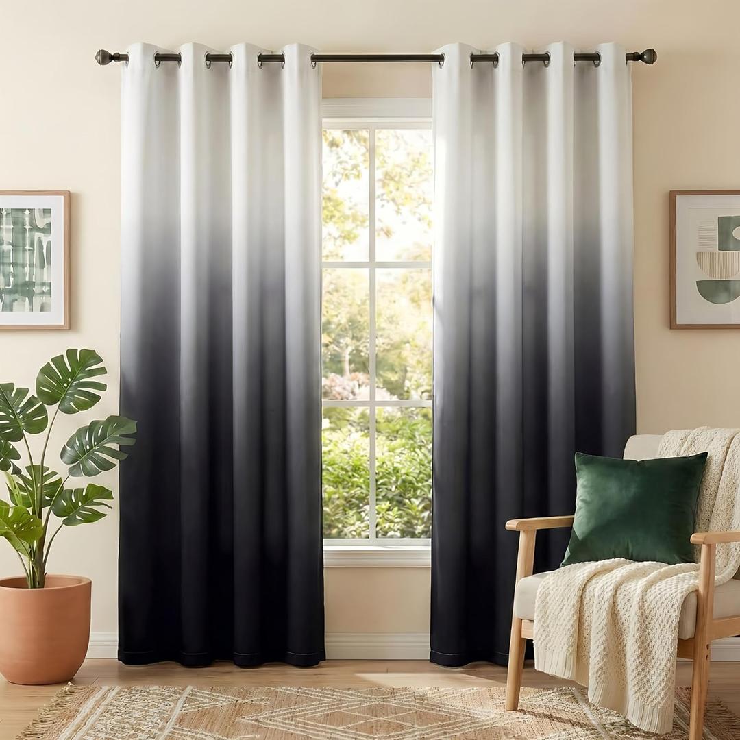 NICETOWN Room Darkening Curtains 52x84 inch Length for Living Room, Grommet White & Black Ombre Privacy Curtains for Hall/Villa, Home Decoration Window Treatment Drapes, 104" Wide Total 2 Pieces