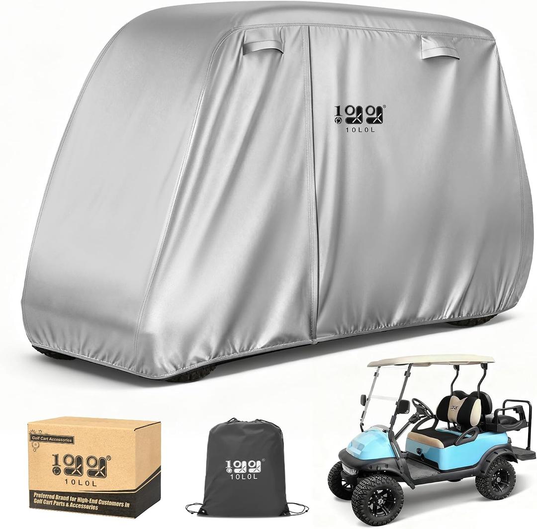 10L0L Golf Cart Cover 2/4/4+2 Passenger for Yamaha EZGO Club Car, Heavy Duty 420D Waterproof Windproof Durable Oxford Golf Cart Cover with 3 Zipper Doors for All-Weather Protection (Black/Silver), Size: L- For 2/2+2/4 Passenger Cart