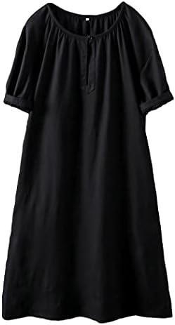 Minibee Women's Cotton Linen Dress Short Sleeve Midi Casual Tunic Dress with Pockets Black, Size: 2XL