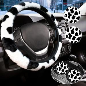 Black and White Cow Print Fuzzy Steering Wheel Cover for Women, Universal Auto Steering Wheel 14-15 Inch Soft Warm Car Interior Accessories with 2PCS Car Coasters, Suitable for Men and Women (One Size)
