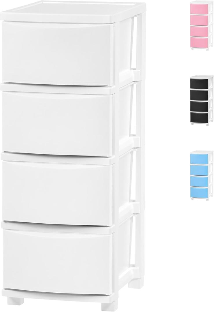 IRIS USA Plastic Drawer Storage Organizer, 4-Drawers, for Classroom Art Supplies Dresser Closet Bathroom Dorm Bedroom Laundry Room, Slim Narrow, White Frame with Matte White Front Panels