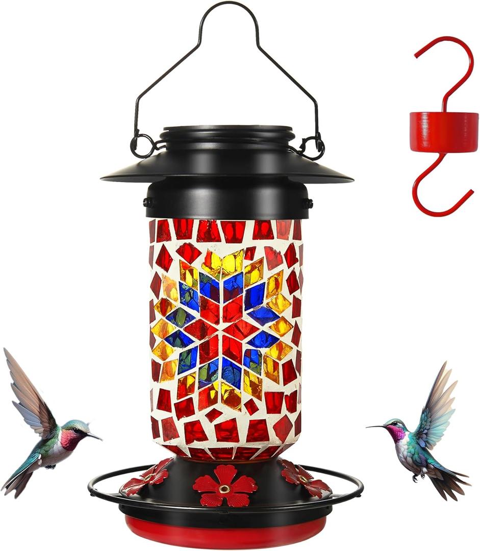 Glass Mosaic Hummingbird Feeder for Outdoors Solar Light, Red Hummingbird Feeders 19 Ounces, Mosaic Bottle Easy to Clean, 5 Feeding Ports, Ant Moat Included (Red Flower)