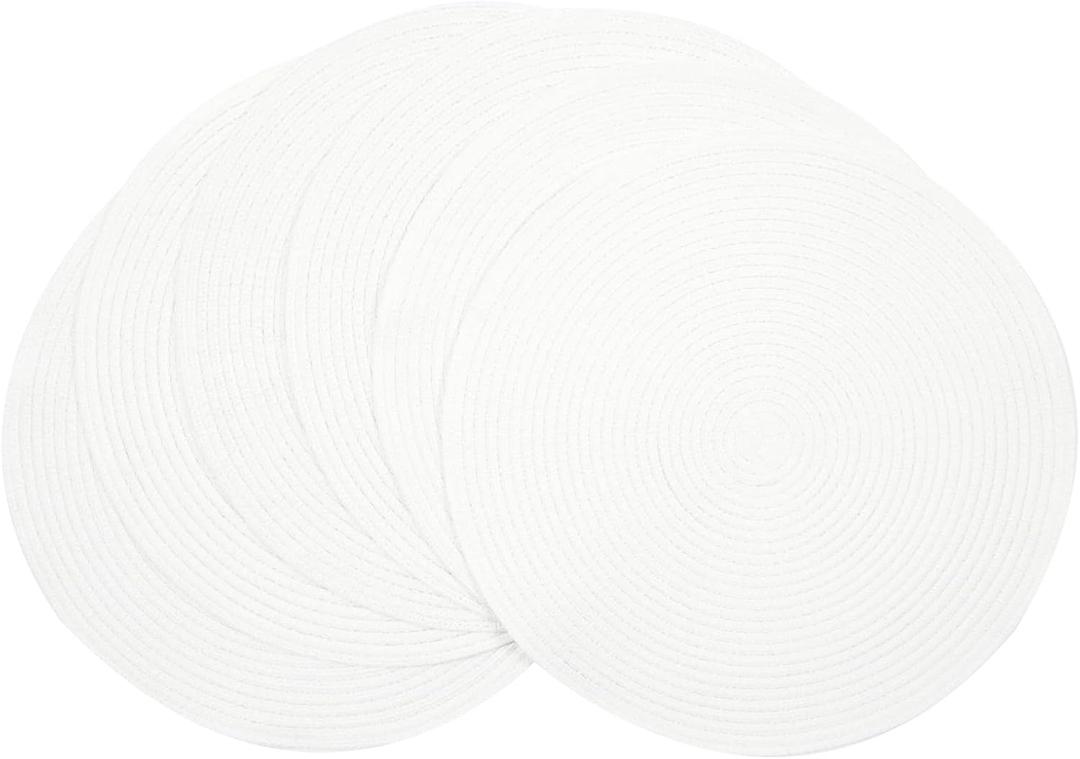 SHACOS Round Braided Placemats Set of 6 Round Table Mats for Dining Table 15 inch Washable Cotton Polyester Place Mat (White, 6)
