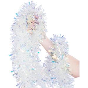20FT/6M Christmas Tinsel Garland Iridescent Metallic Tinsel Twist Garland Glitter Foil Hanging Decoration for Xmas Tree Decoration Wedding Party Supplies (White)