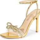DREAM PAIRS Women's Double Bowknots Crystal Sandals Clear Slingback Heels Square Toe Shoes for Party Wedding (11, Gold-rhinestone)