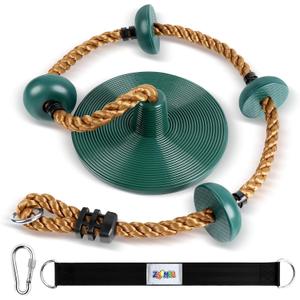 Climbing Rope with Platforms and Disc Swing Seat Set Playground Accessories Including Bonus Hanging Strap & Carabiner Tree Swing for Kids Rope Swings for Tree (Green Disc Swing Seat)