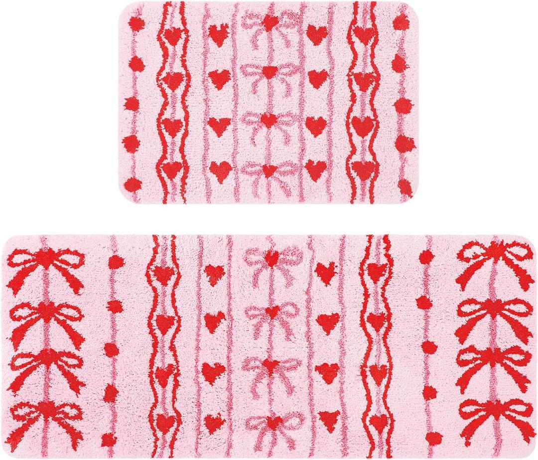 2 Pcs Pink Heart Bows Bathroom Mat Set 20 x 47 Inch Soft Plush Bath Rugs Non-Slip Backing Washable Tufted Absorbent for Bathroom Decoration Carpet Indoor Party Favors Decor