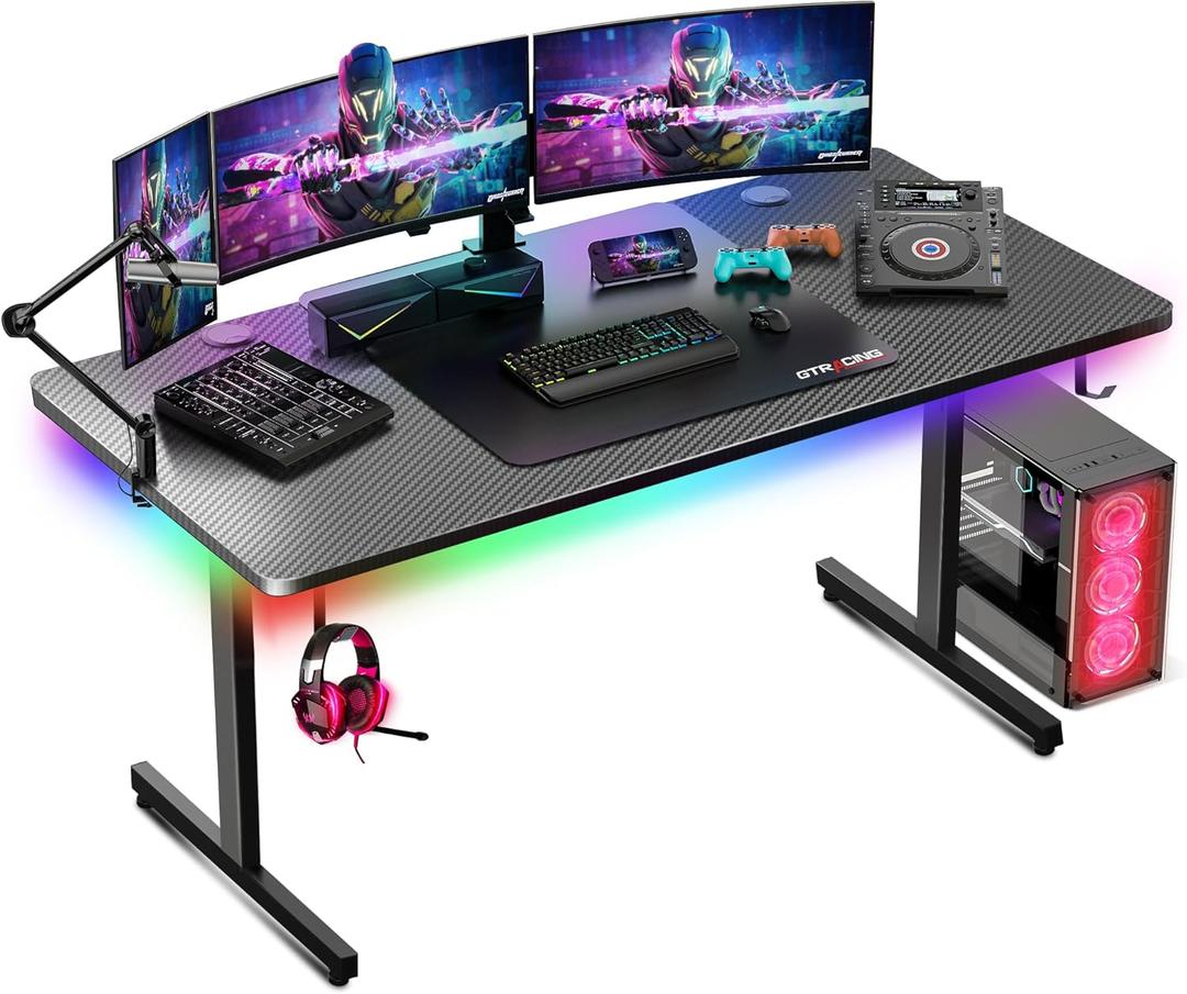 GTRACING Gaming Desk 55 Inch with LED Lights, Large Computer Desk with Mouse Pad for Home Office, T-Shaped Carbon Fibre Surface PC Game Workstations with Headphone Hook Light Black