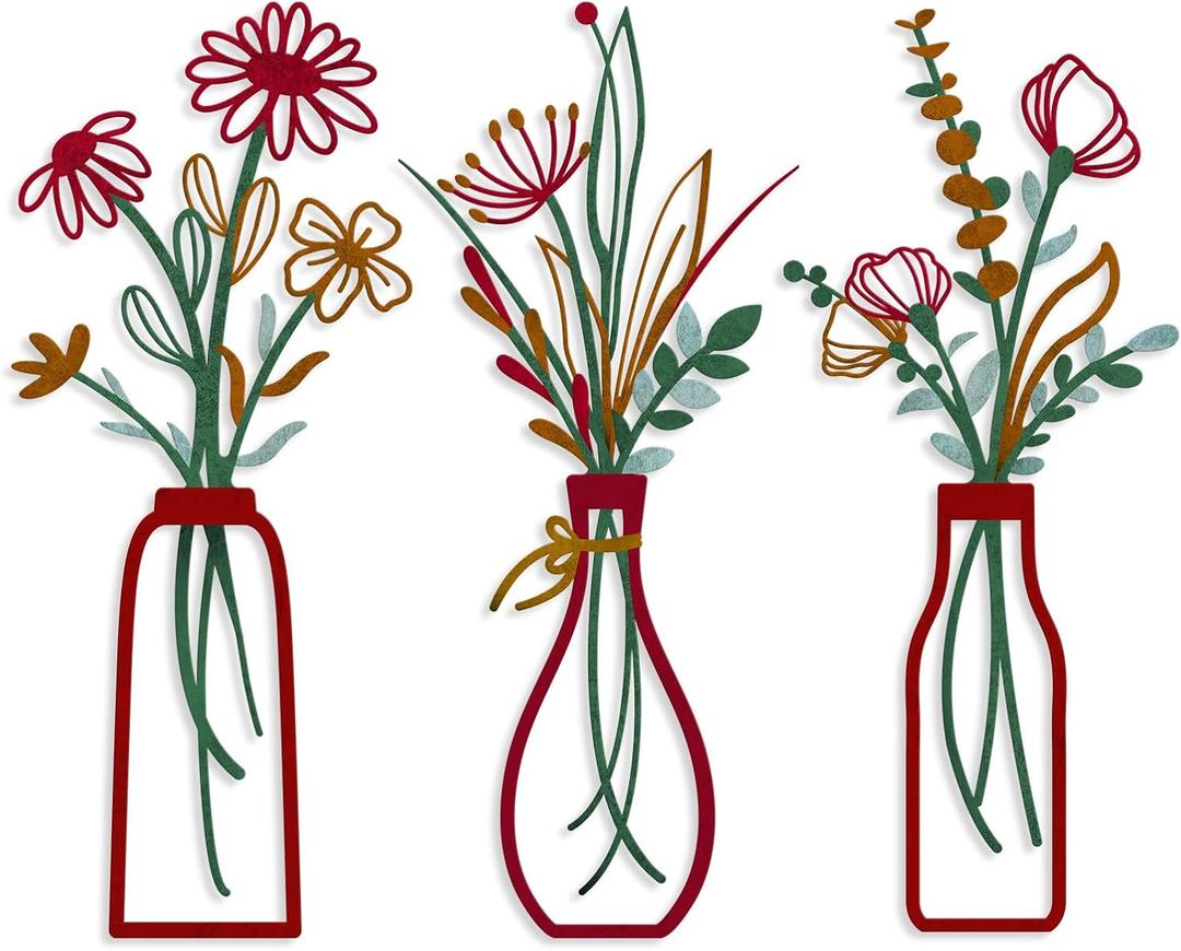 3 Pieces Metal Vase Flowers Wall Arts - Rustic Farmhouse Style Dcor Metal Wall Art Black Minimalist Flower Natural Themed Wall Decors for Home Bedroom Dining Room Housewarming (Red, Vase-C)