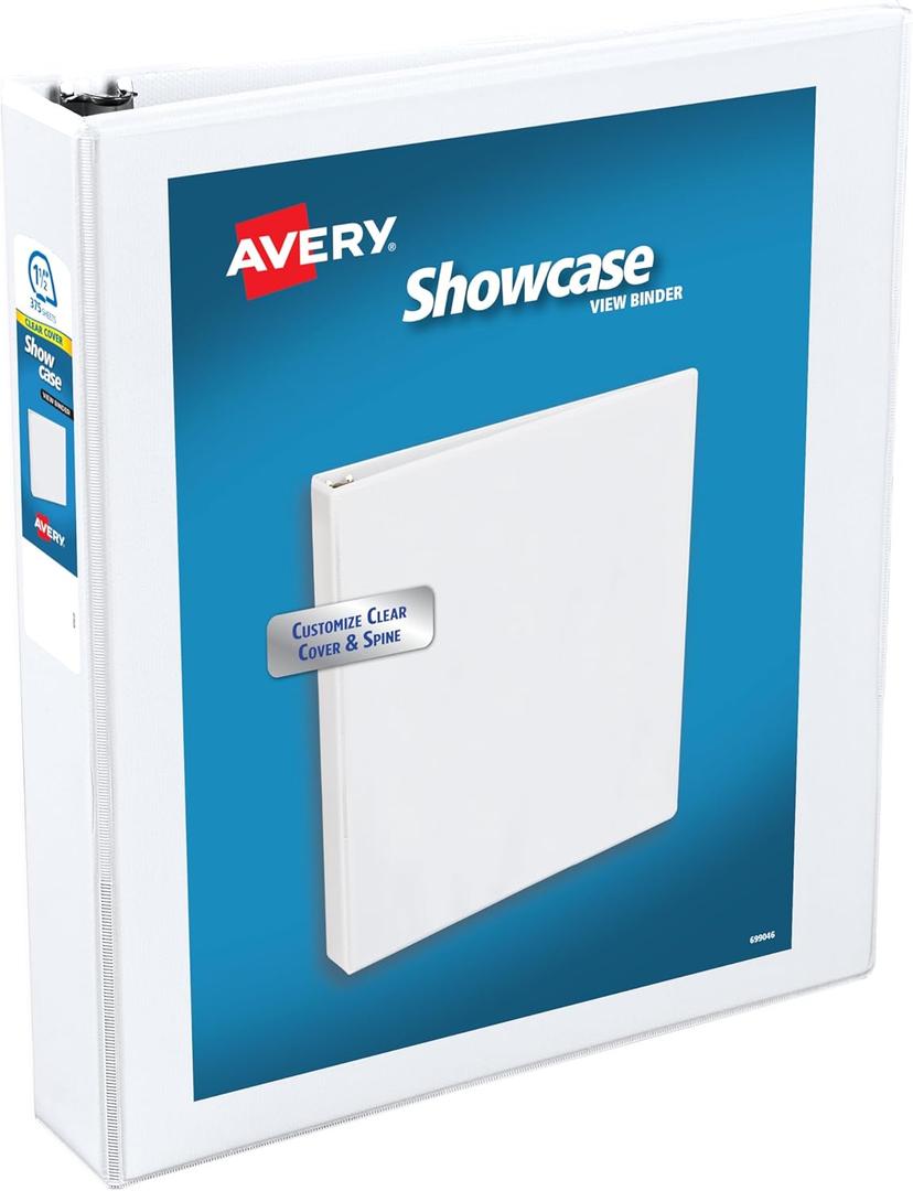 Avery Showcase Standard View 3 Ring Binder, 1.5" Slant Rings, 375-Sheet Capacity, 2.1 Inch Wide Spine, 1 White Binder, Ideal for Lightweight Organization and Occasional Referencing (19651)