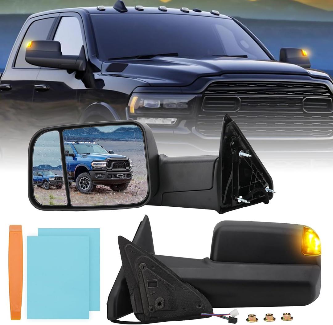 Passenger Side Mirror Compatible with 2009-2018 Dodge Ram 1500,2010-2018 Dodge Ram 2500 3500,Tow Mirrors with Power Glass Heated Turn Signal Light Puddle Lamp(Black), Right