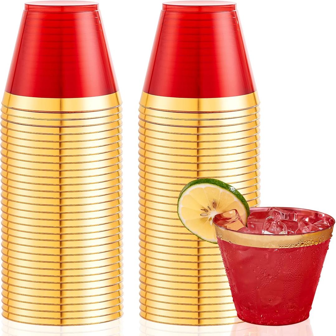 Ciaell 200PCS Red Plastic Cups - 9 Oz Gold Plastic Cups - Heavy Duty Gold Rimmed Disposable Cup - Disposable Wine Glasses with Gold Rim for Party & Wedding