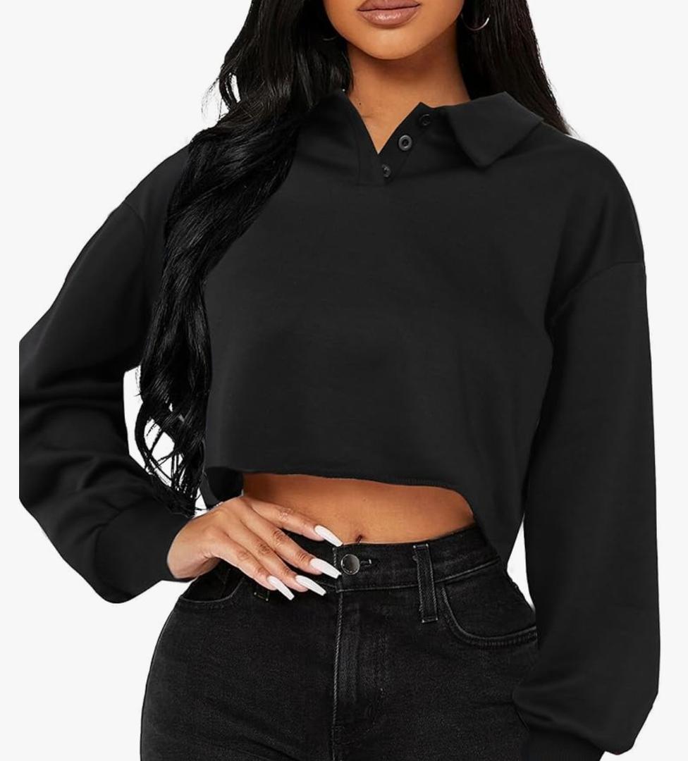 Remidoo Women Cropped Sweatshirt Half Button Down Long Sleeve Crop Top Oversized Sweatshirts Black Large, L