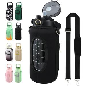 Half Gallon 64oz Glass Water Bottle with Straw and Storage Sleeve Motivational Water Bottle with Strap and Time to Drink 2L Leakproof Reusable Water Jug for Fitness Gym and Outdoors (Black)