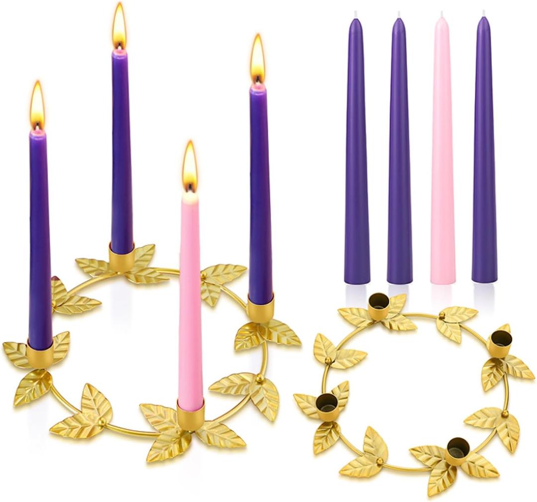Christmas Advent Wreath Candle Holder with 4 Candles Set, Advent Wreath Ring, Metal Ring Candle Stand Purple & Pink 10 x 7/8'' Taper Candles for Christmas Home Church Table Centerpiece Decor(Gold)