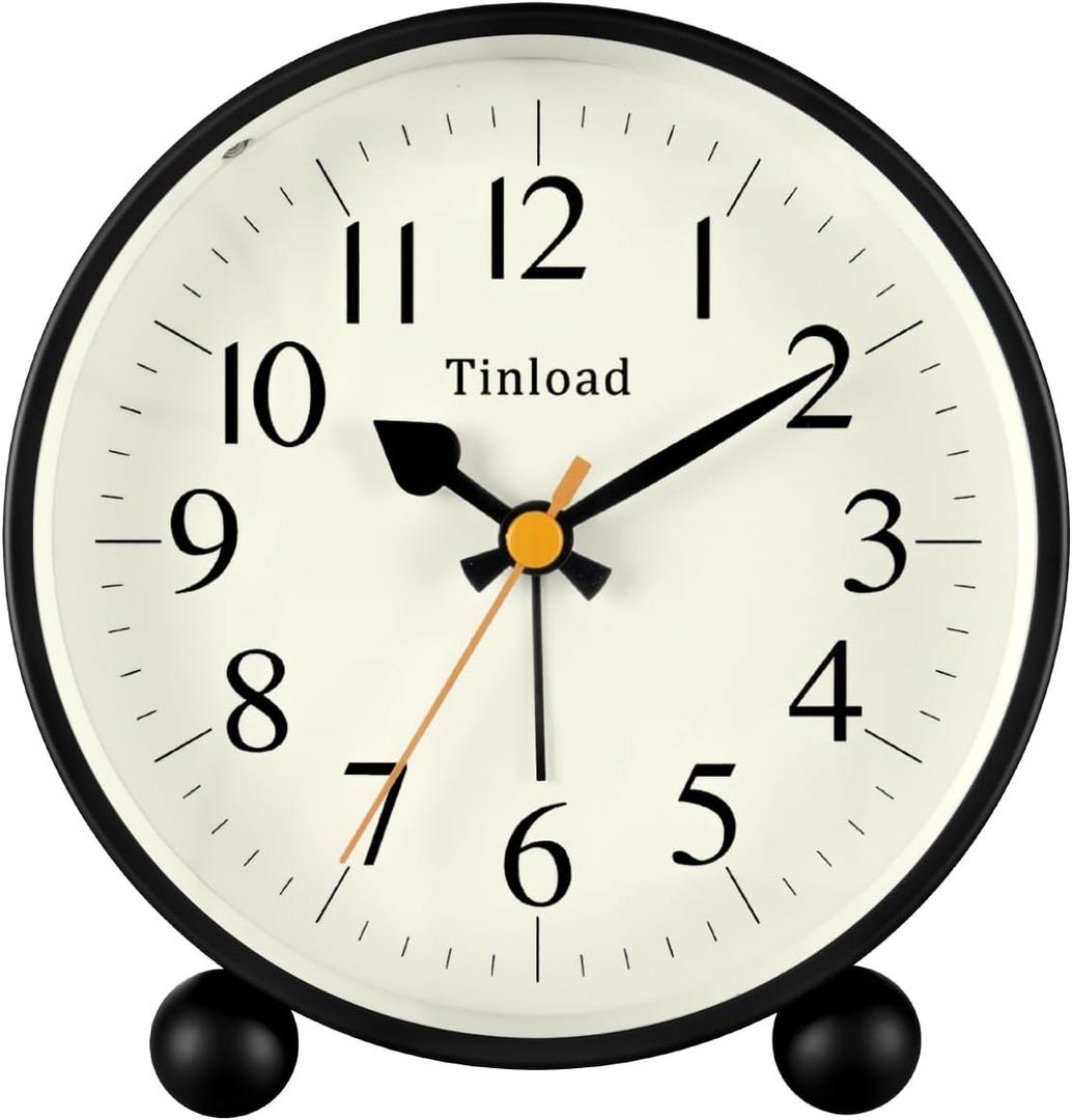 Tinload 4.5" Vintage Retro Analog Alarm Clock, Super Silent Non Ticking Small Clock with Manual Light, Snooze, Battery Operated, for Living Room, Bedroom, Bedside, Desk(Black)