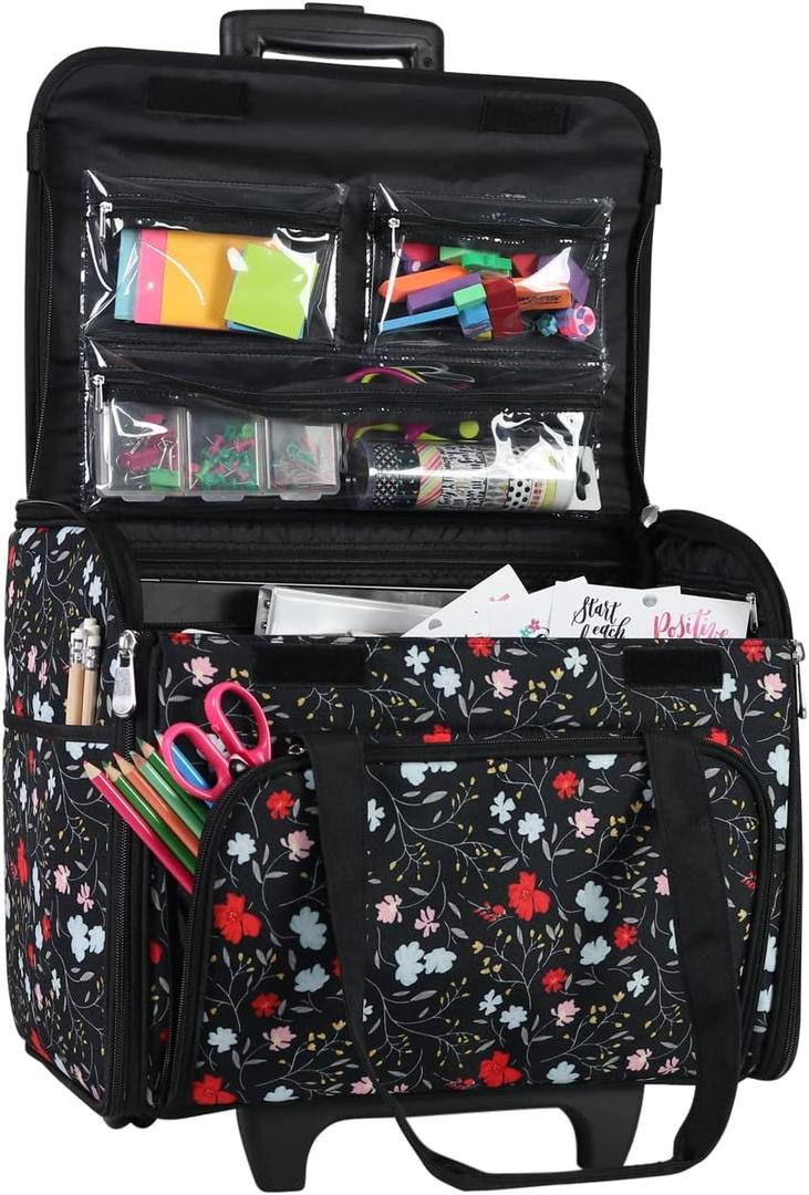 Everything Mary Teacher Rolling Tote Black Floral Wheeled Bag for Classroom Organization Portable Storage Cart for Teaching Supplies, Crafts & Office Essentials