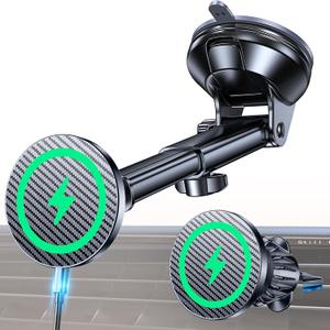 Coolpow for MagSafe Car Mount ChargerUltra Magnet Magnetic Phone Holders for Your Car ChargerWindshield+Vent+Dash Magnetic Wireless Car Phone Holder Charger Car Mount for iPhone 17 (Carbon Fiber)